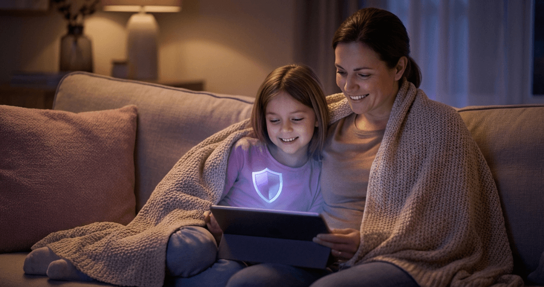 A family in the evening reading together on a tablet, protected by the Agiliton VPN shield