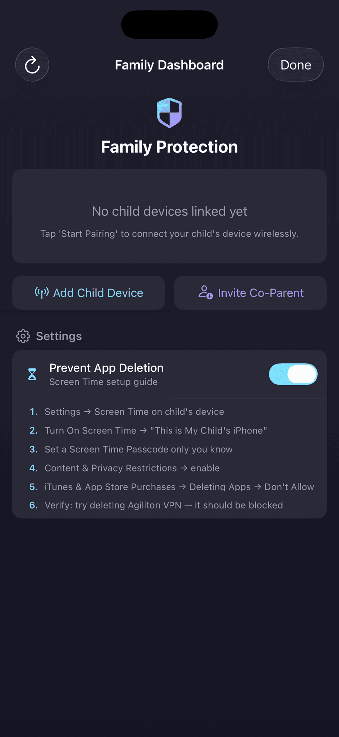 Family Dashboard with Add Child Device and Invite Co-Parent options, plus Screen Time setup guide